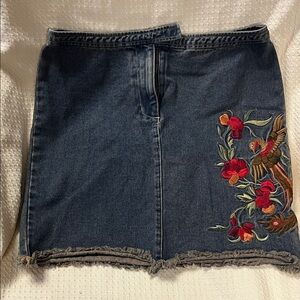 New York & Company Denim Skirt with Red and Green Embroidery